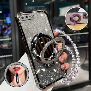 กันกระแทกเคสสําหรับ iPhone 6 7 8 6S plus เคสโทรศัพท์ 3D ที่วางกระจกแต่งหน้าสร้อยข้อมือใหม่ softcase
