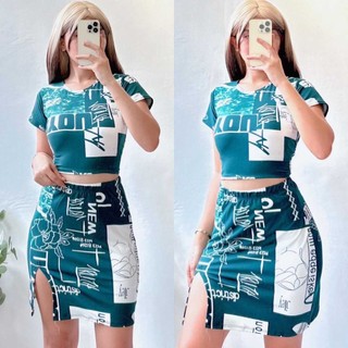 Sunny&Co Fashionable sexy printed cotton short-sleeved crop top with fashionable short skirt