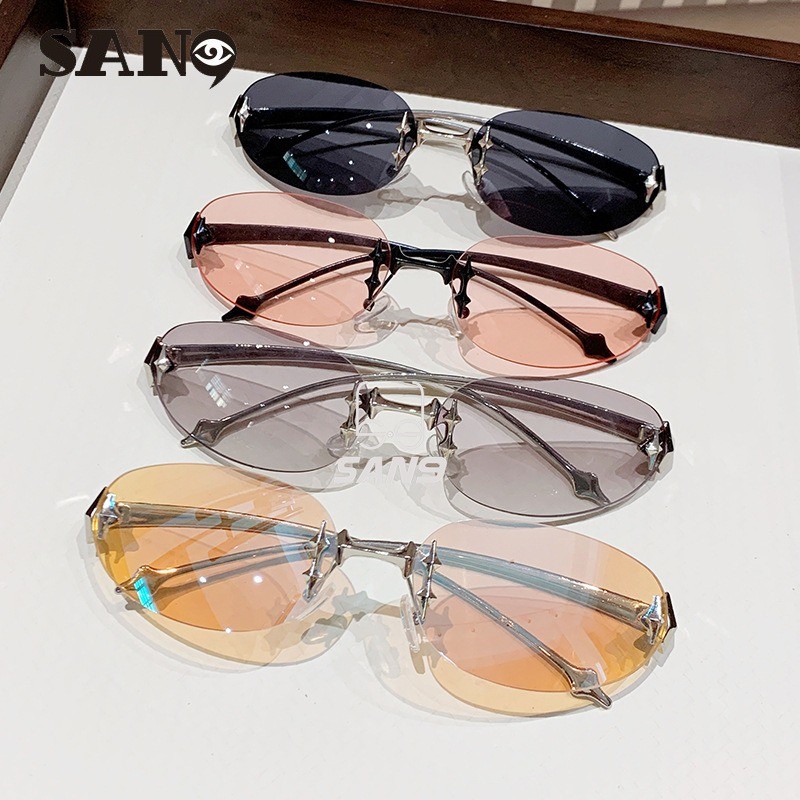 ผู้หญิง Y2K แฟชั่นฟิล์มสีโลหะแว่นตากันแดด Frameless