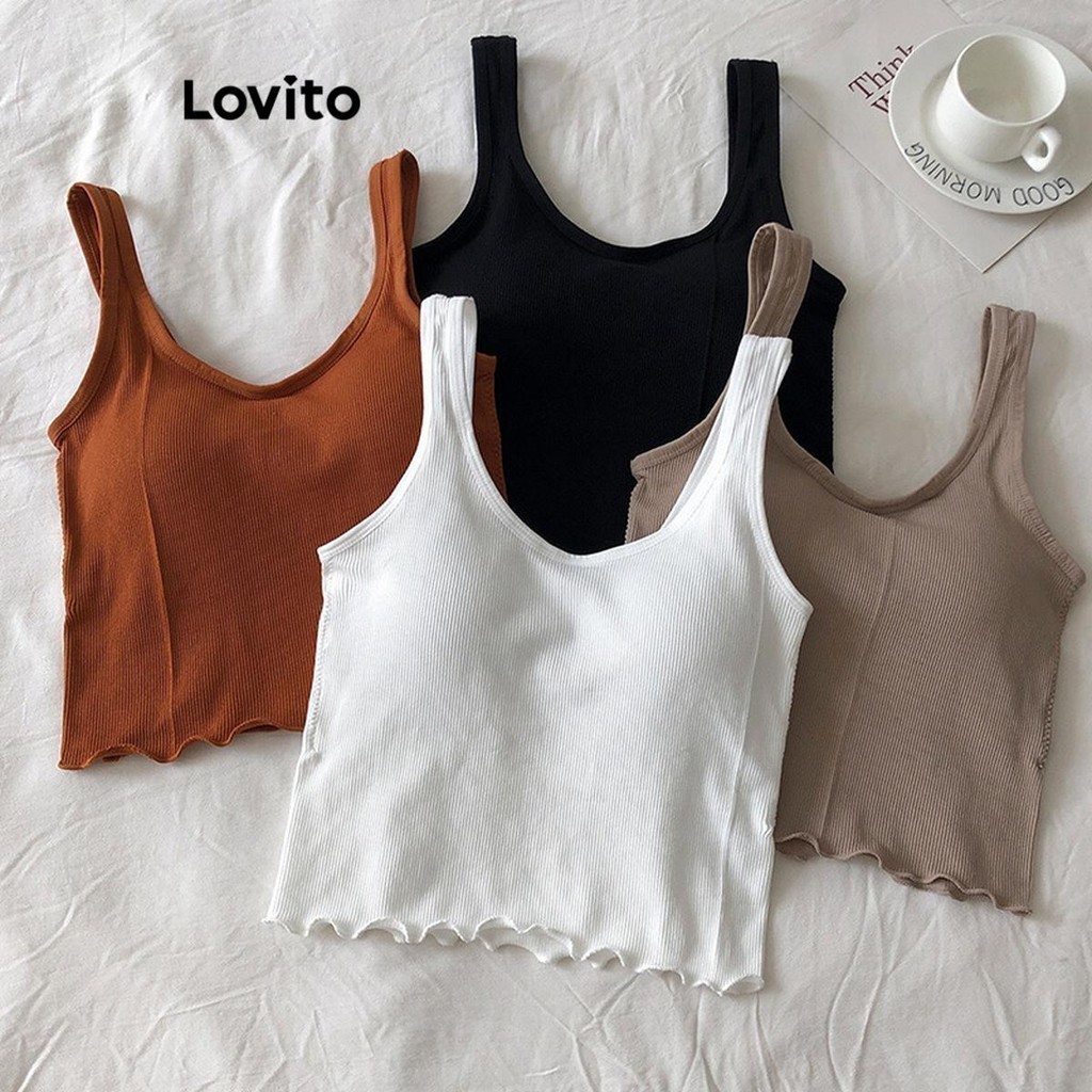 Lovito เสื้อกล้ามผู้หญิง แต่งระบาย สีพื้น สไตล์ลำลอง LNL45009