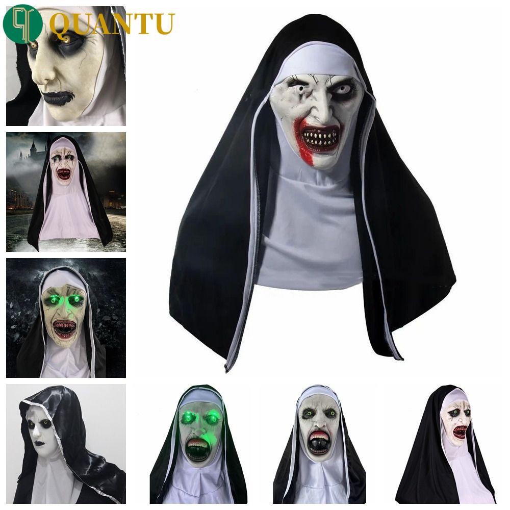 Quantu สยองขวัญแม่ชี Latex หน้ากาก, Bloody Ghost Face ฮาโลวีนแม่ชีหน้ากาก, Trick Luminesceence Headpiece Headscarf น่ากลัว Latex หมวก Carnival