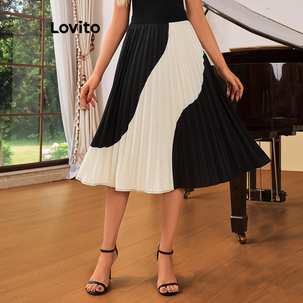 Lovito กระโปรงจีบธรรมดาหรูหราสำหรับผู้หญิง LBL17421