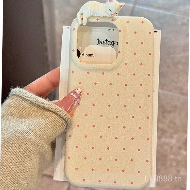 เคสโทรศัพท์มือถือสำหรับ iPhone สีชมพูลายจุด16Promax/14/15ลายแมวสามมิติ11/12/13Pro xsmax/XR แบบเรียบง่ายสำหรับผู้หญิง7/8PLUS เคสป้องกันแบบเต็มรูขนาดใหญ่ m3xx