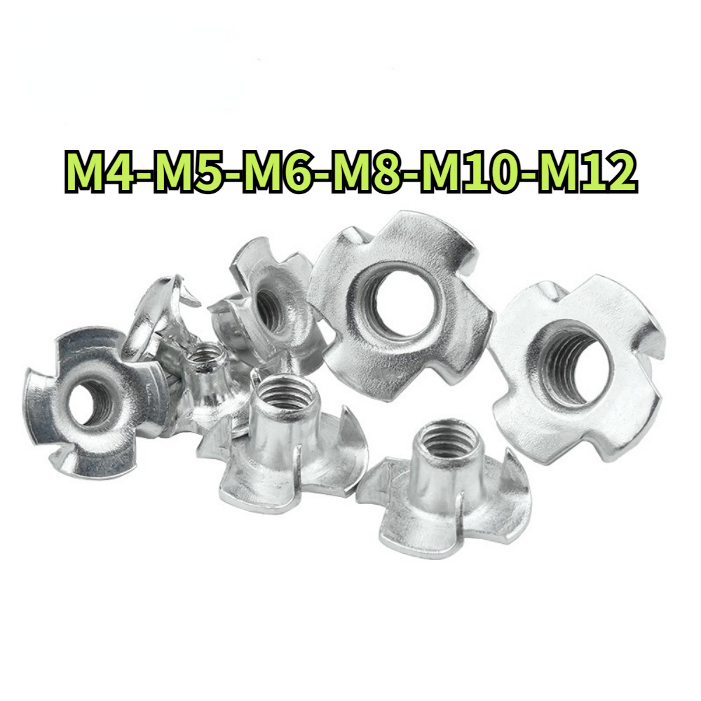[YTH1] M3/M4/M5/M6/M8/M10/M12 เหล็กคาร์บอนชุบสังกะสี 4-Prong T-Type Nut เกลียวใส่, สําหรับปีนเขากรอบและผลิตภัณฑ์ไม้ T-Type Nut,