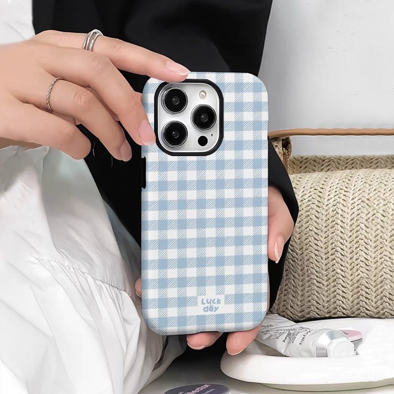 เคสโทรศัพท์แบบแข็งแบบสองในหนึ่งหน้าจอแบบเต็มรูปแบบบุคลิกภาพเรียบง่ายลายสก๊อตสีฟ้าและสีขาวเหมาะสำหรับ iPhone 11PROMAX 11 12 13 14 15 16 PRO MAX 15PROMAX 14PLUS 8PLUS XR xsmax 13pro 14Pro เปลือกกันกระแทกด้าน