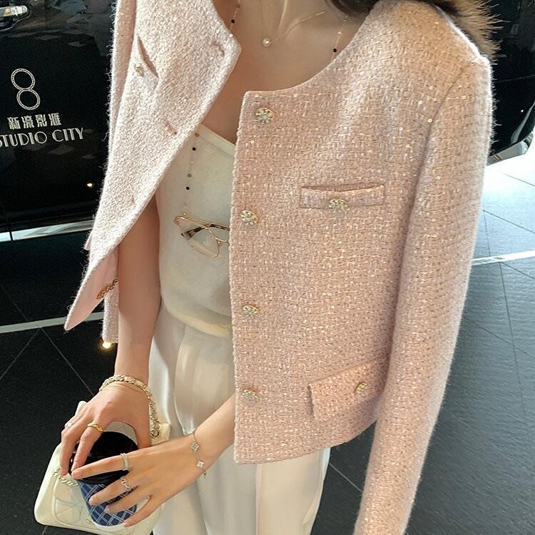 [F-Store] เสื้อโค้ทสั้นปักเลื่อมหรูหราเสื้อโค้ทสั้นผ้าทวีดเสื้อโค้ทผู้หญิงคอกลมสีชมพู