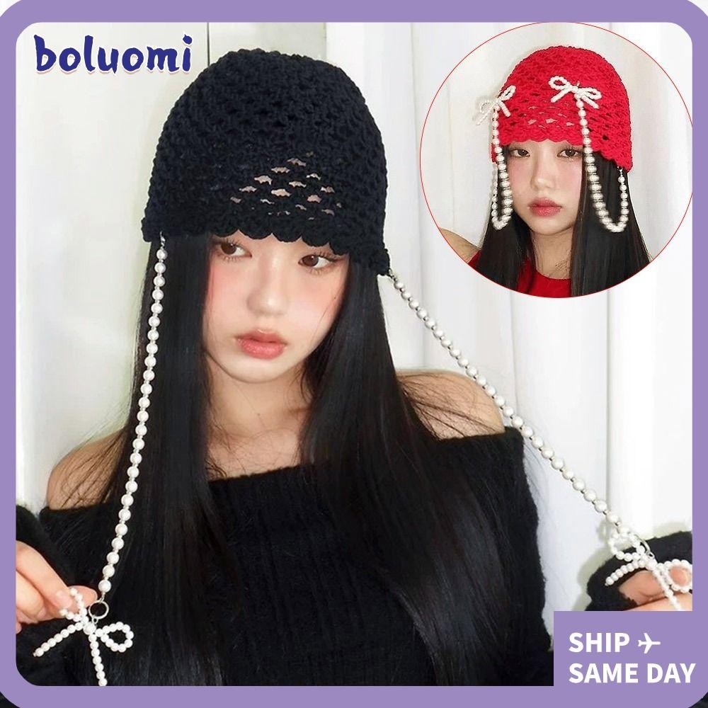 Bouliomi หมวกถัก, Pearl Hollowed Out Beret หมวก, Breathable Casual แฟชั่นฤดูร้อน Skullies หมวกสําหรับผู้หญิง