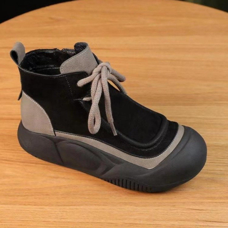 [JEEK] PU Rubber Flat High-Top Shoes Low-Heel Round Toe Lace-Up Casual Shoes Big Toe Shoes Egg Roll 