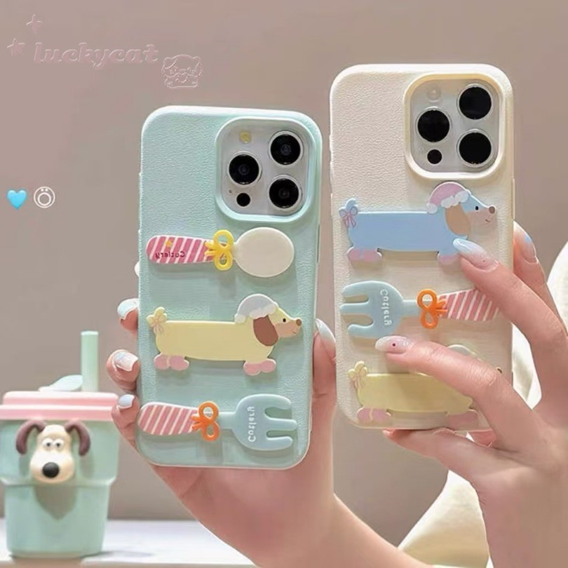 Iphone 16 15 14 13 12 11 Pro Max X Xr Xs Max เคสโทรศัพท์ 3D DIY การ์ตูนน่ารักช้อนส้อมสวมหมวกสุนัขหนังนุ่มฝาครอบโทรศัพท์