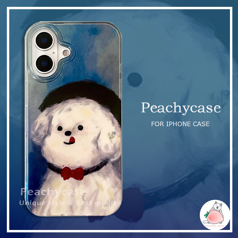 น่ารักภาพวาดสีน้ํามัน Bowknot Puppy เคสโทรศัพท์สําหรับ iPhone 16 15 14 13 Pro Max 15pro 16promax กันกระแทกป้องกัน IMD โทรศัพท์มือถือปกหลัง