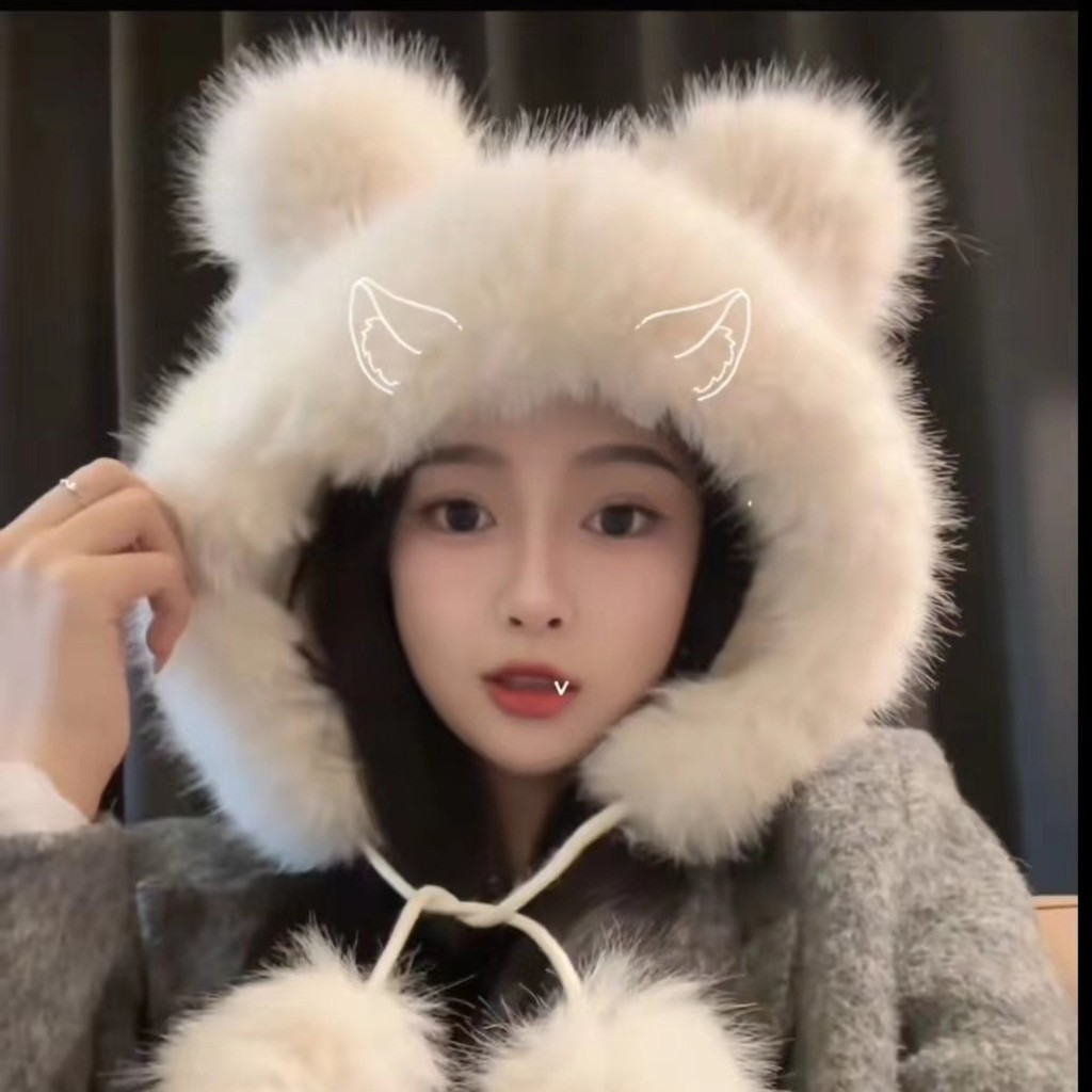 แฟชั่นผู้หญิง Beanies หมวกฤดูหนาว Warm น่ารักหมีหมวก Casual Plush หมวกผู้หญิง Earflap Earmuff Windproof หมวก