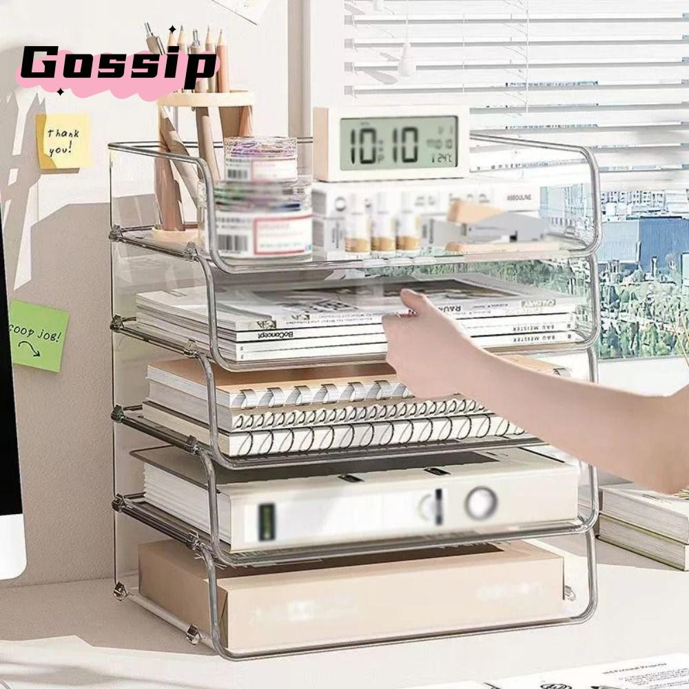 Gossip A4 ที่เก็บกระดาษเอกสาร, ถาดแฟ้มเดสก์ท็อปความจุขนาดใหญ่โปร่งใส, ชั้นวางที่ใส่กระดาษซ้อนมัลติฟังก์ชั่นโฮมออฟฟิศ
