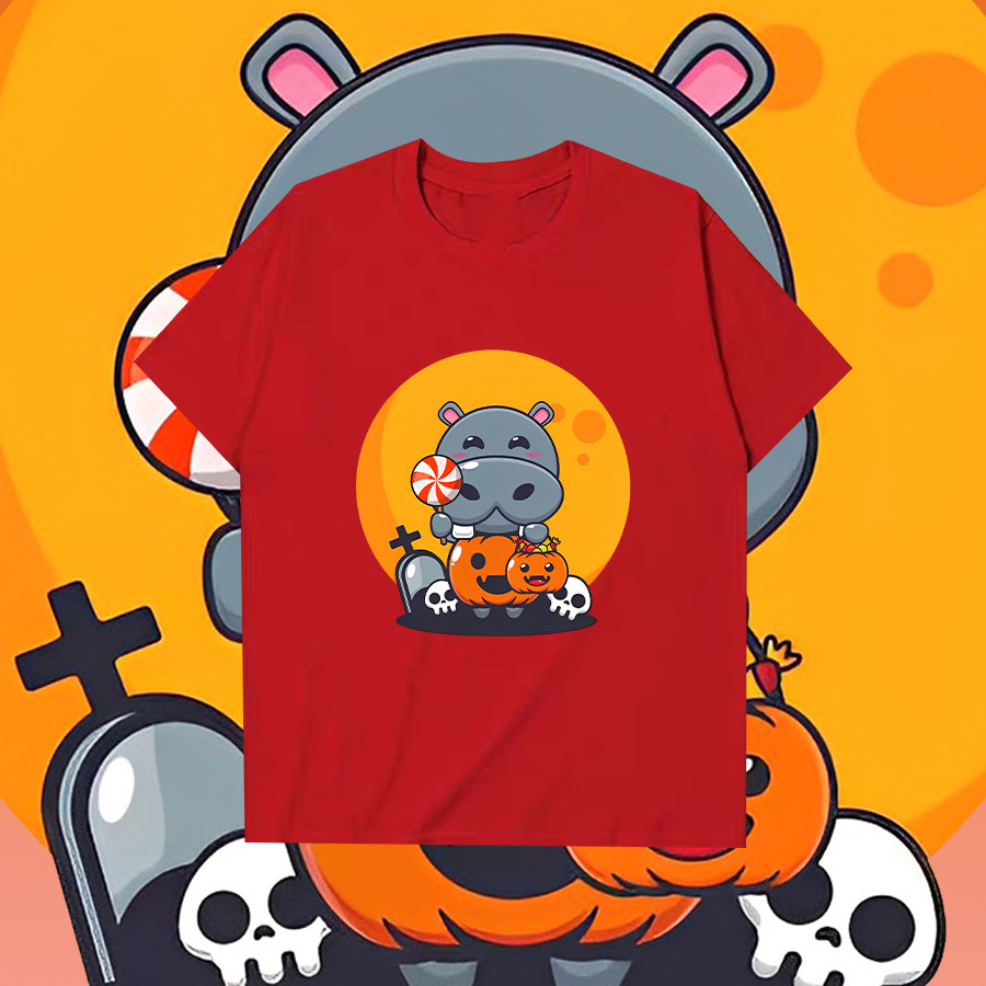 😺ใหม่ เสื้อ MOO-DENG Moodeng hippo หมูเด้ง&Halloween T-shirt ชุดฮาโลวีน ผ้าฝ้ายแท้ 100% ราคาถูก แบบ 