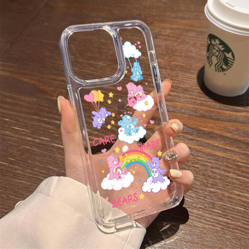 TPU ปุ่มชุบไฟฟ้า เคสไอโฟน นิ่มกันกระแทก เคสโทรศัพท์ iPhone 11 12 13 14 15 Pro Max XR XS X 7 8Pหมีรุ้ง