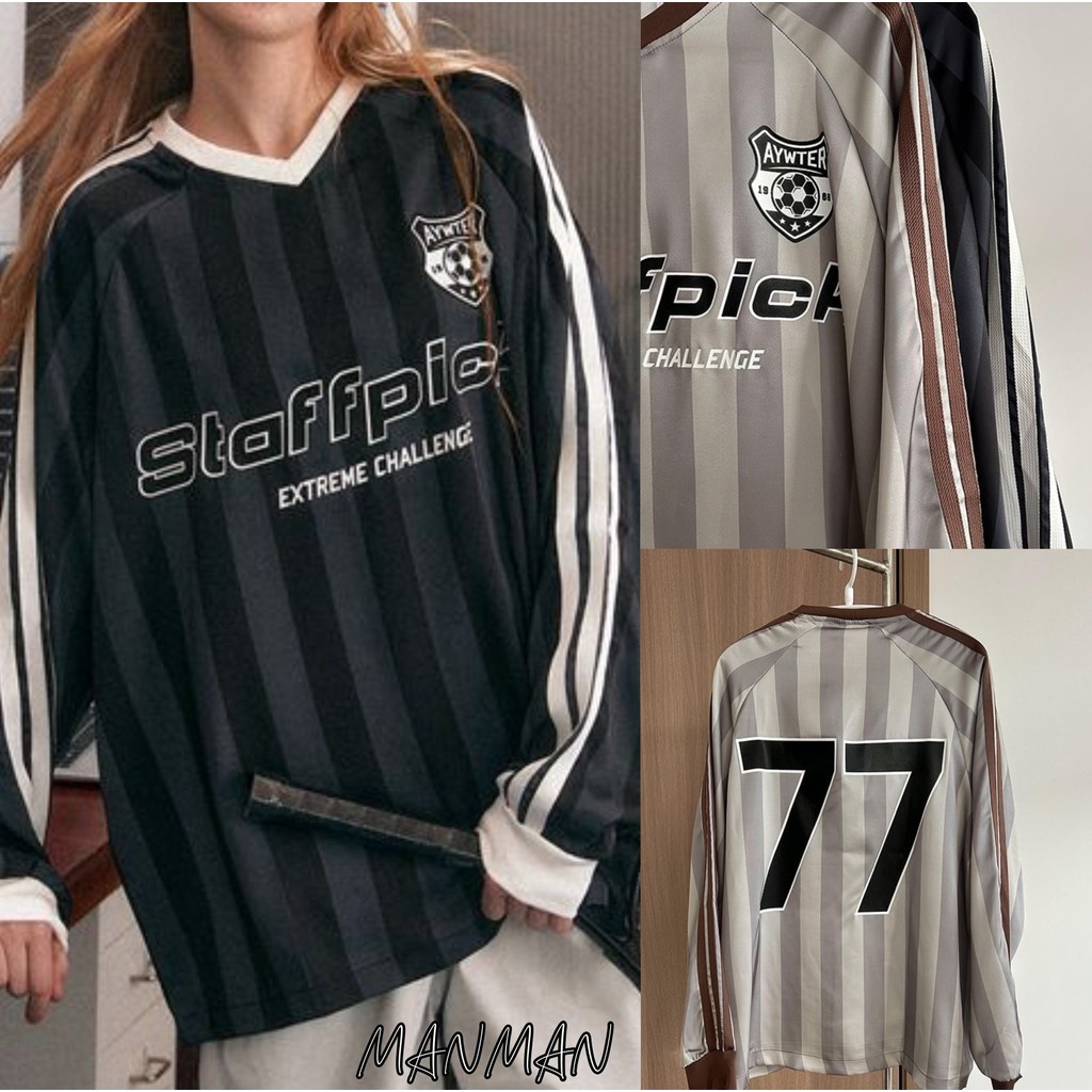 MANMAN แขนยาวผู้ชาย เสื้อลำลอง ลายทาง ชุดคู่รัก คอวี พิมพ์ลาย