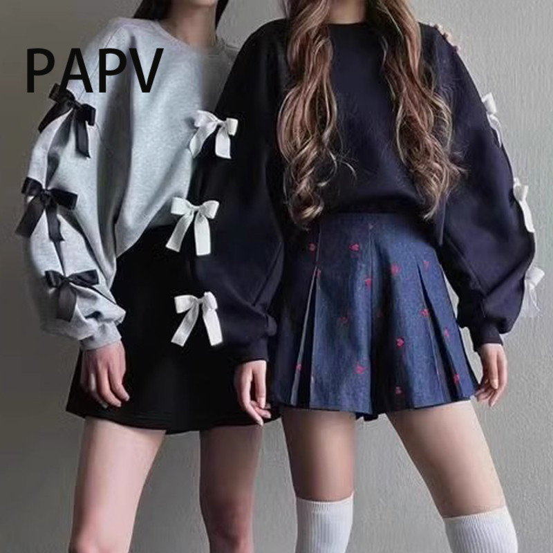 Papv เสื้อสเวตเตอร์แขนยาวหลวมโบว์สามมิติเก๋ไก๋ 5632