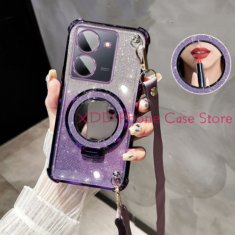 กรณีvivo Y36 4G 5G Y27 5G 4G Y27S 4G Y78 5G Y78 Plusปกหลังยาวสายรัดข้อมือสไตล์เครื่องสําอางกระจกยึดผ