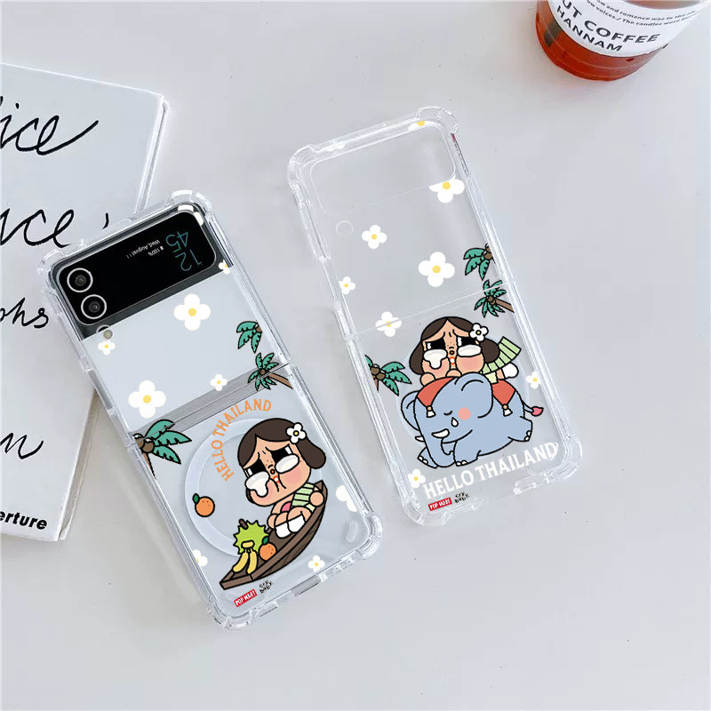 Pop MART Hello Thailand Crybaby ผลไม้ช้าง Hard ถุงลมนิรภัยกันกระแทกกรณีแม่เหล็กสําหรับ Samsung Z Flip6 5 4 3 Anti-Slip กันกระแทกเต็มแพคเกจโปร่งใส