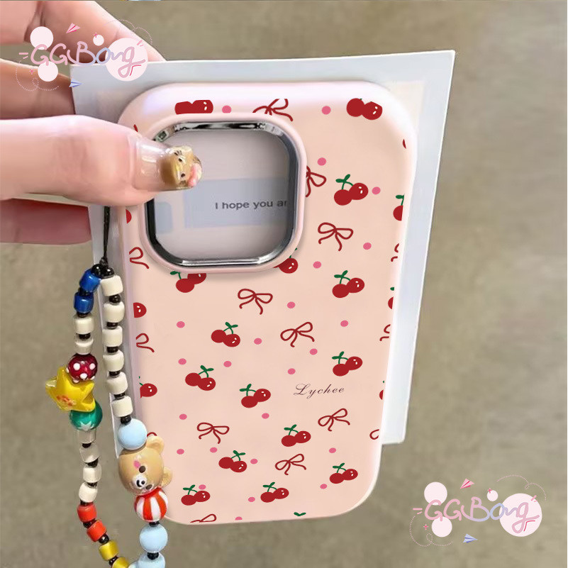 การ์ตูนเชอร์รี่สีแดงโบว์น่ารักชุบโลหะฝาครอบเลนส์ เคสไอโฟน 11 16 XS 12 14 13 15 16 Pro Max 16 7 8 11 14 Plus XR X SE เคส