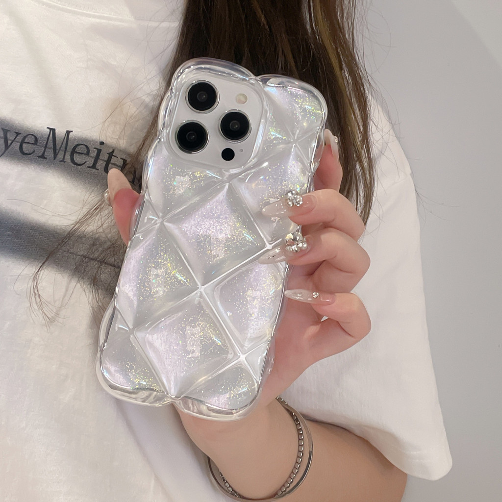โปร่งใสโปร่งใส Epoxy Silver Fine กระพริบรูปแบบเพชร iPhone16 Apple 15 เหมาะสําหรับ 13/14pro max เคสโทรศัพท์ 12
