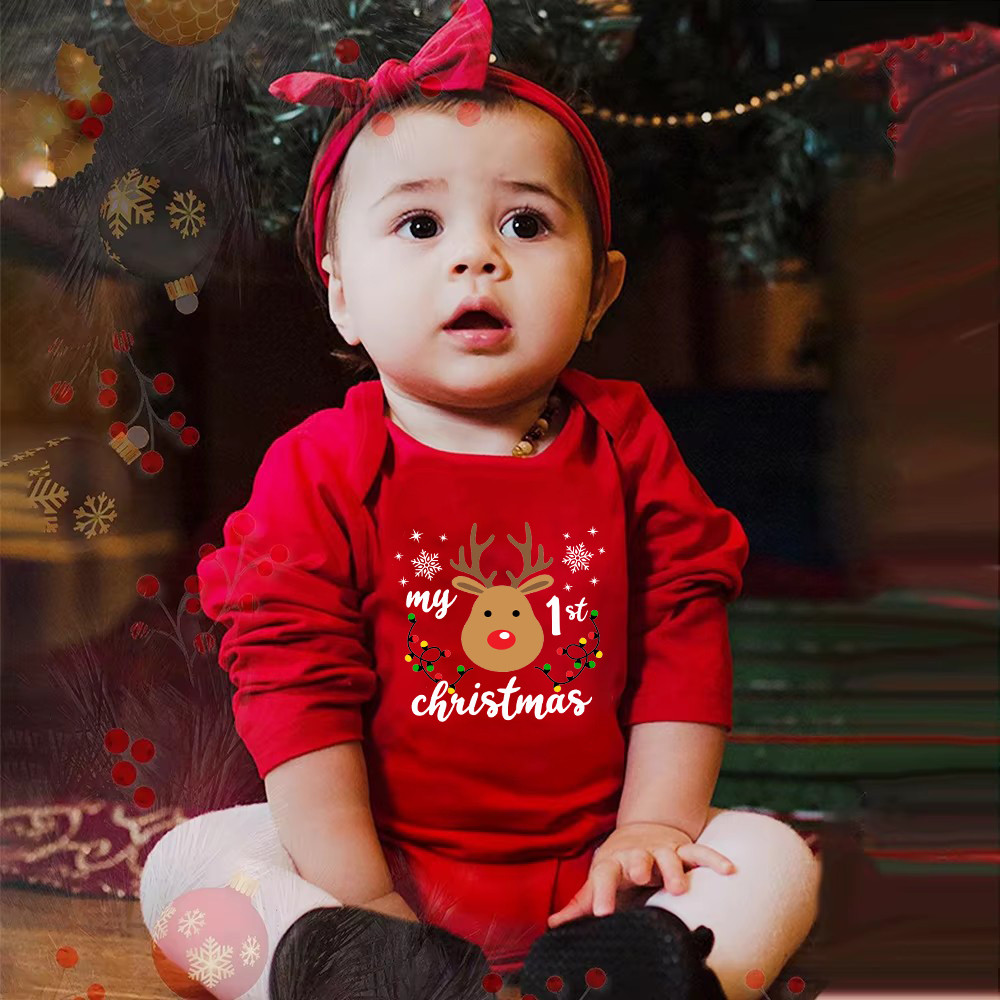 My First Christmas Reindeer Santa พิมพ์ผ้าฝ้ายเด็กลูกเรือคอ Jumpsuit สําหรับเด็กชายและเด็กหญิงแขนยาว Onesies