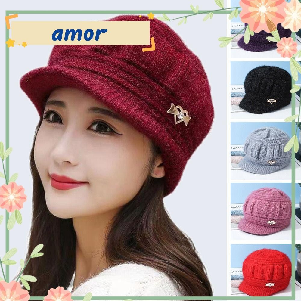 Amor12 หมวกผ้ากํามะหยี่, หมวกไหมพรมสีทึบกันลม, หมวกถักแฟชั่นสตรีผู้สูงอายุ