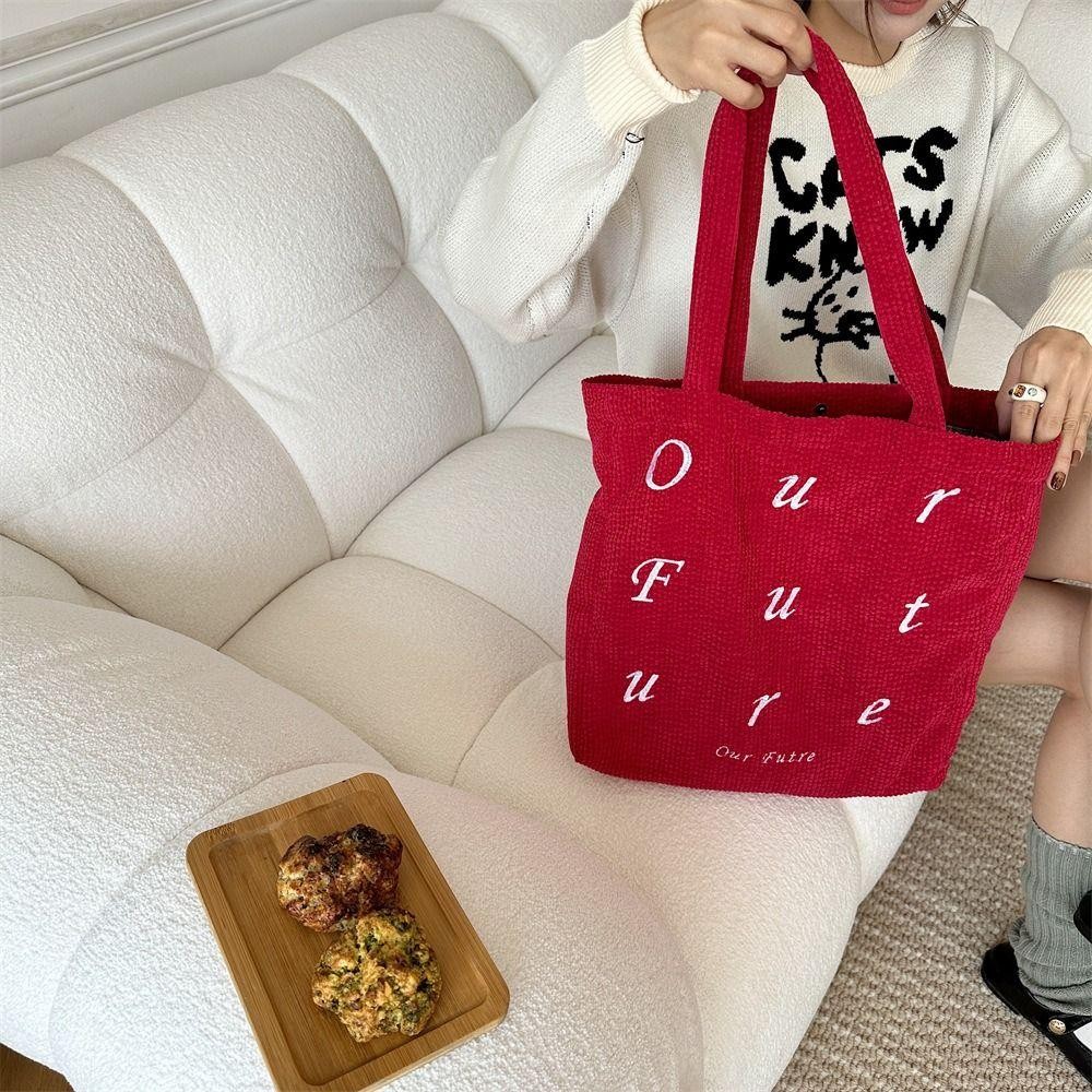 DSLONG กระเป๋าสะพาย, Corduroy ปักกระเป๋าถือความจุขนาดใหญ่, Fashion Letter Shopping Tote Bag Women