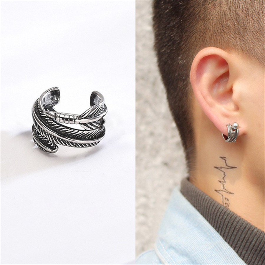 คลิปต่างหู Punk Feather แบบวงกลมHip Hop สไตล์สำหรับผู้ชายและผู้หญิง