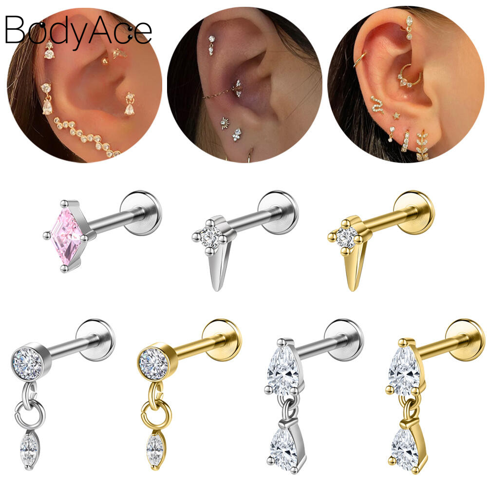ต่างหูสตั๊ด Bodyace สแตนเลส 16G กะทัดรัด มีคริสตัลสำหรับการเจาะหู Helix