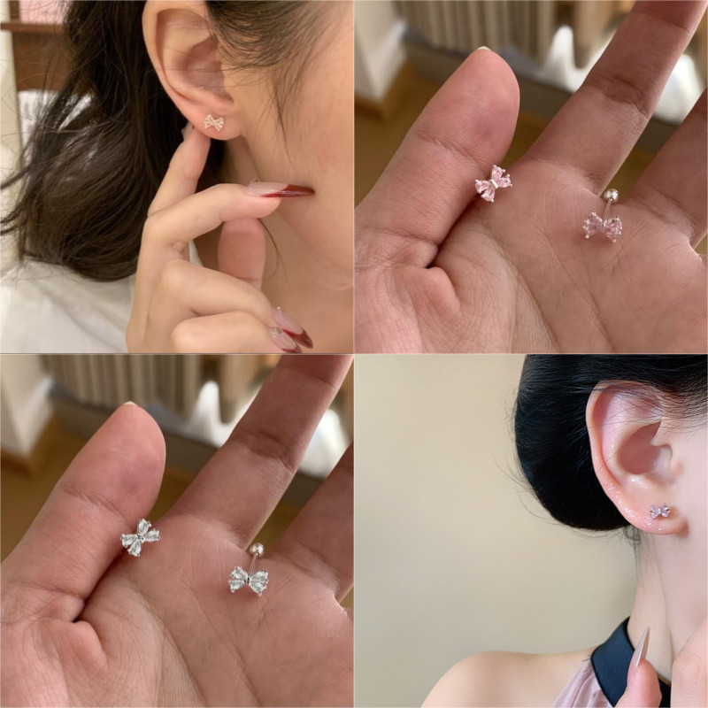 ต่างหู Bling Bow Piercing สีขาวและชมพู สำหรับหู Studs และกระดูกหู .ACCESSORY สำหรับผู้หญิง