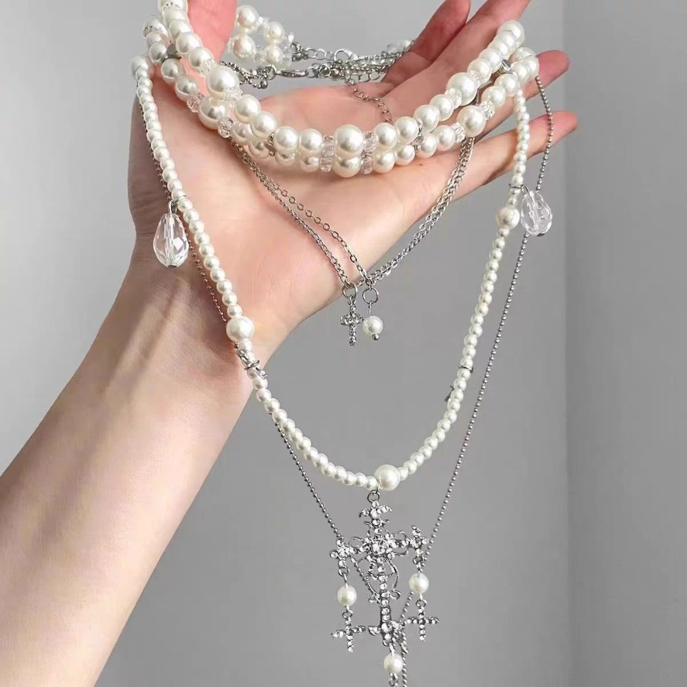 สร้อยคอมุกไขว้หลายชั้นสําหรับงานหนักสําหรับผู้หญิง - ดีไซน์เฉพาะตัวตัวหนา, อุปกรณ์เสริมโชคเกอร์กระดูกไหปลาร้าหรูหรา