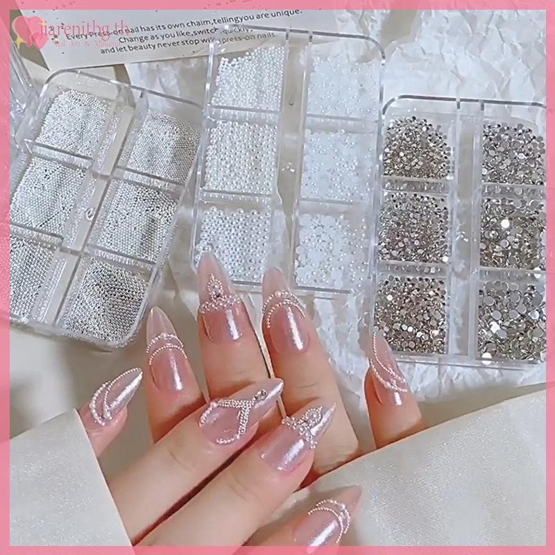 RENBG 6 กริดเพิร์ลเล็บลูกปัด 0.6-2 มม.เงินสแตนเลสลูกปัดเครื่องประดับโลหะ Tiny Balls DIY Charm อุปกรณ์เสริมตกแต่งเล็บ TH