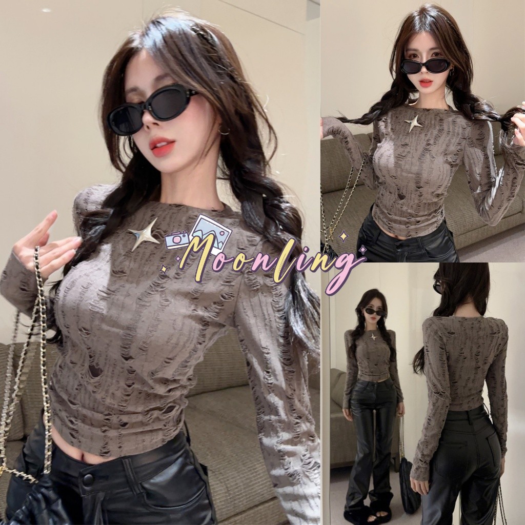 Moonling พร้อมส่งจากไทย เสื้อยืดครอปไหมพรมแขนยาว คอกลม ดีเทลขาดๆสีเทาแถมเข็มกัด *60172*