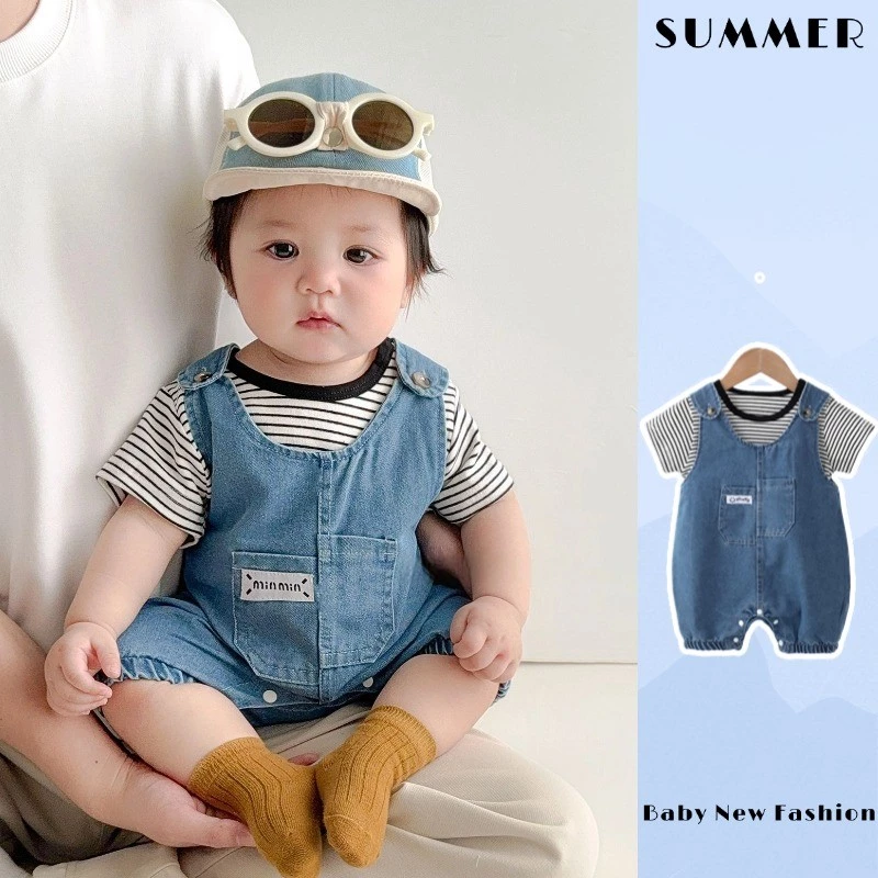 ฤดูร้อนใหม่เสื้อผ้าเด็ก บาง ชุดเด็ก เดนิม เครื่องมือบอดี้สูทสองชิ้น 4-42 เดือนเด็กสบายระบายอากาศแฟชั่นลายด้านบน + ง่าย ชุดเอี๊ยม ชุดรอมเปอร์ สไตล์เกาหล
