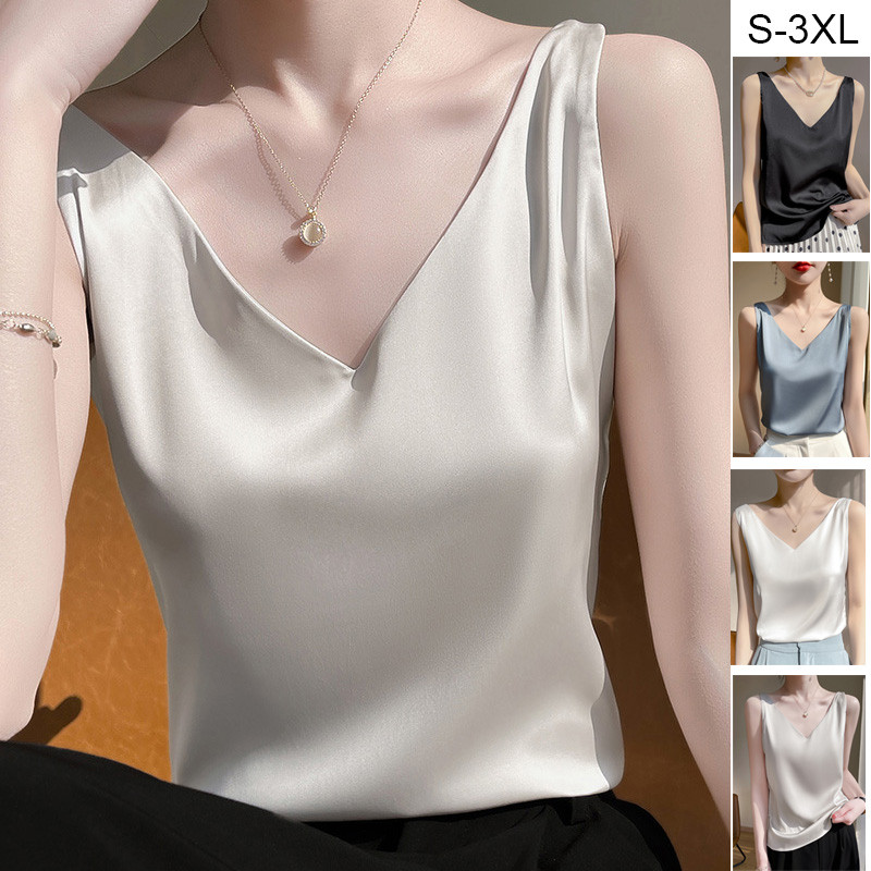เสื้อกล้ามผ้าไหมขนาดบวกสีขาวและดำสำหรับฤดูร้อน เสื้อคอวีสวมใส่ทุกวัน