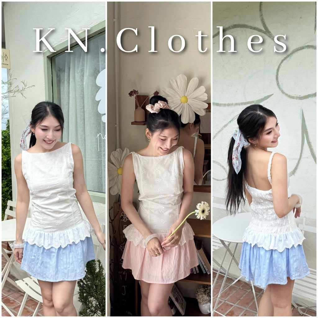 KN.Clothes ชุดมินิเดรส แขนกุด แต่งกระโปรงริ้วทูโทน เนื้อผ้าปักฉลุดอกไม้ Uni