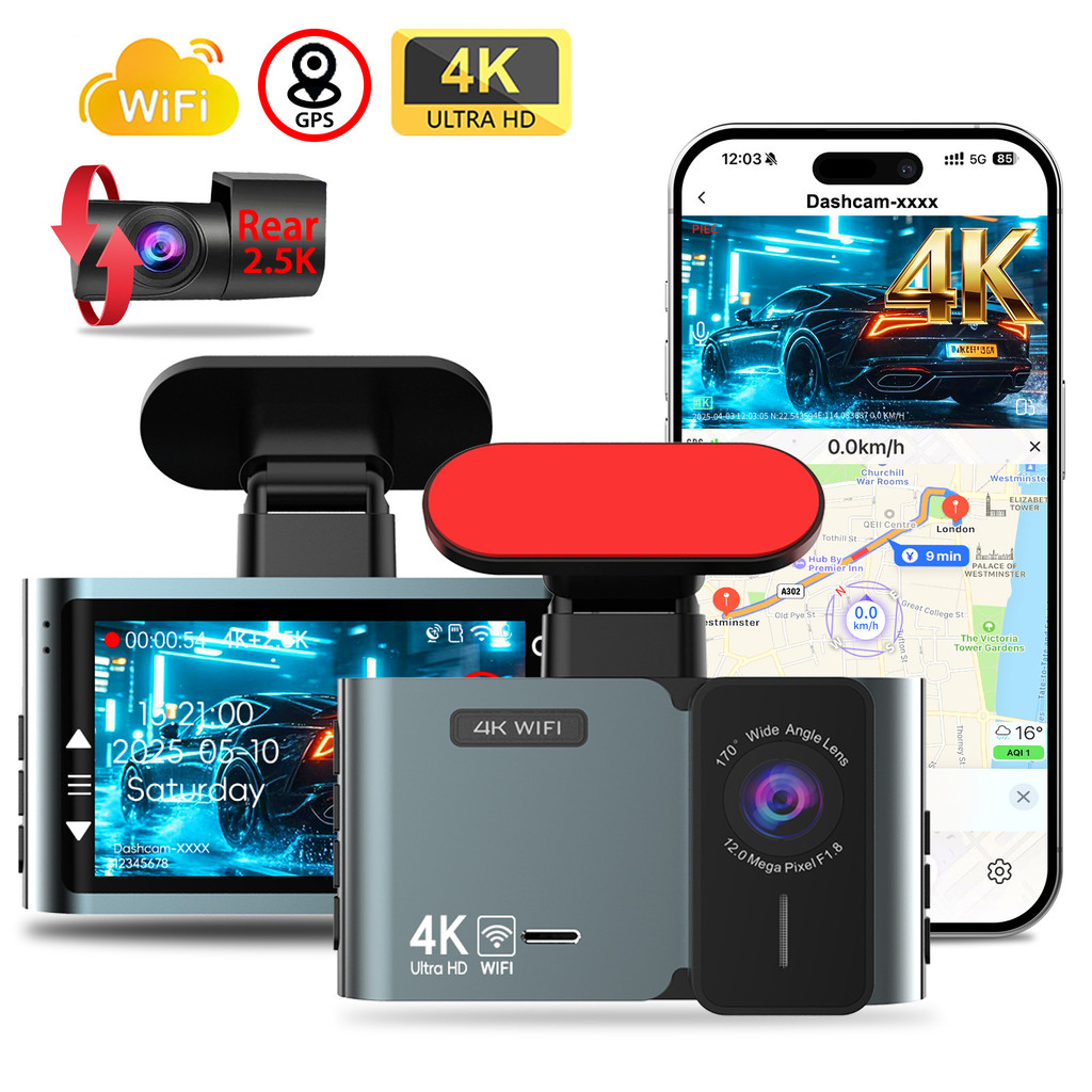 Dashcam 4K + 2.5K ด้านหน้าและด้านหลัง Dual Lens Recording HD Night Vision Driving Recorder 24h ที่จอ