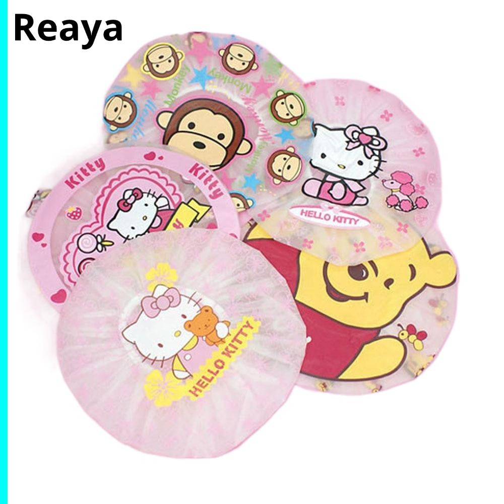 REAYA หมวกอาบน้ําลายการ์ตูน, หมวกอาบน้ําผู้หญิงวินนี่กันน้ํา, หมวกน่ารัก Elastic Hello Kitty Bath Hair Cap ผลิตภัณฑ์ในห้องน้ํา