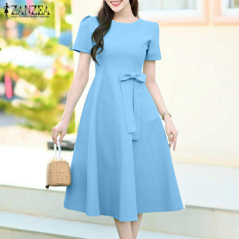 ZANZEA ชุดเดรสแขนพัฟคอกลมสไตล์เกาหลีสำหรับผู้หญิง กะบุBowknot ดีไซน์รวมเอวแบบA-Line — صورة 4