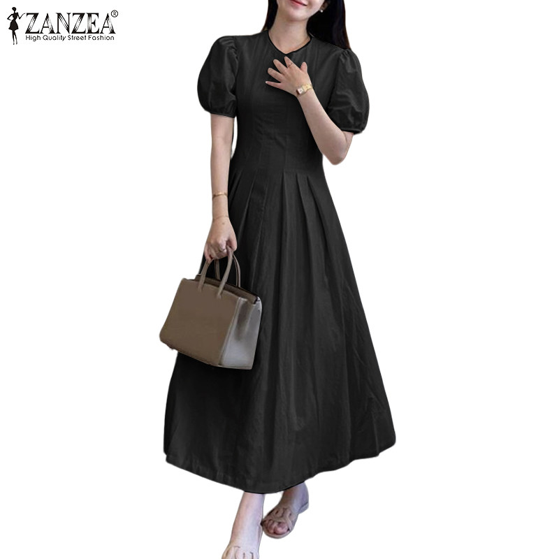 ZANZEA ชุดเดรสสตรีสไตล์เกาหลี คอกลมแขนพัฟ ตัวเล็กกระชับรูป
