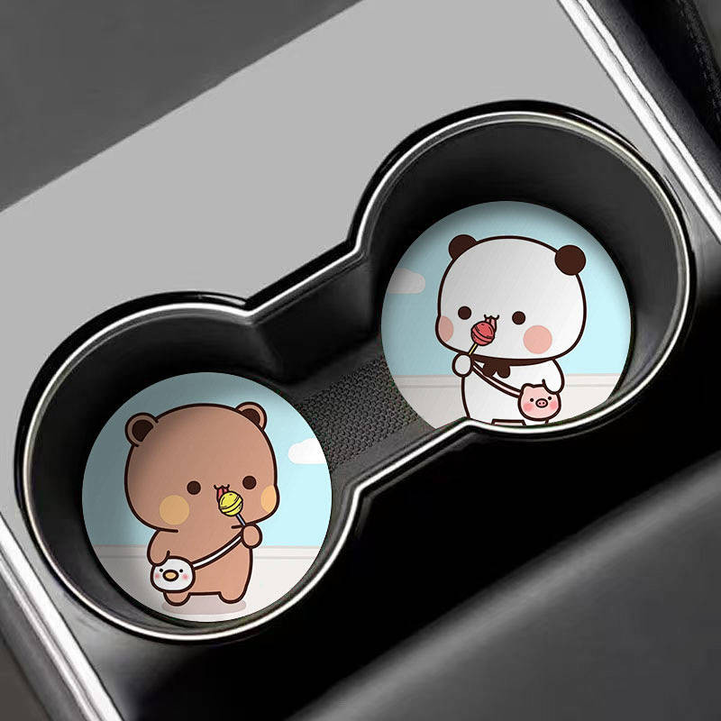 2PCs One Two Cloth Car Water Cup Mat Door Slot Storage Pad Sub Car Interior Accessory Cartoon Car No