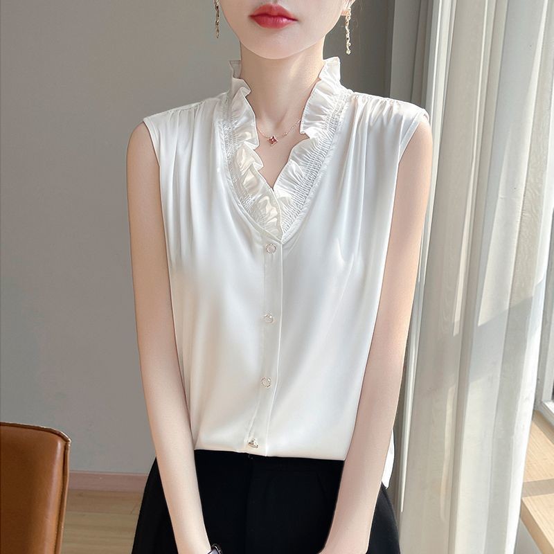 High-End 100% Mulberry Silk V คอแขนกุด All-Match Top ผู้หญิงครีมกันแดดธุรกิจ PPV