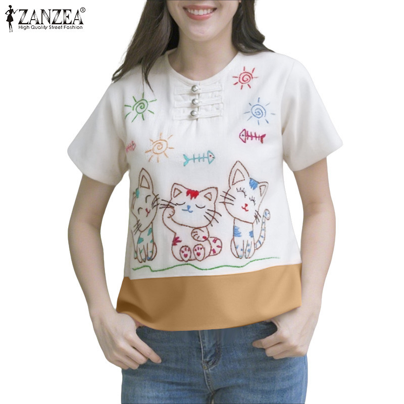 เสื้อเบลาส์แขนสั้นพิมพ์ลายเกาหลีของผู้หญิง