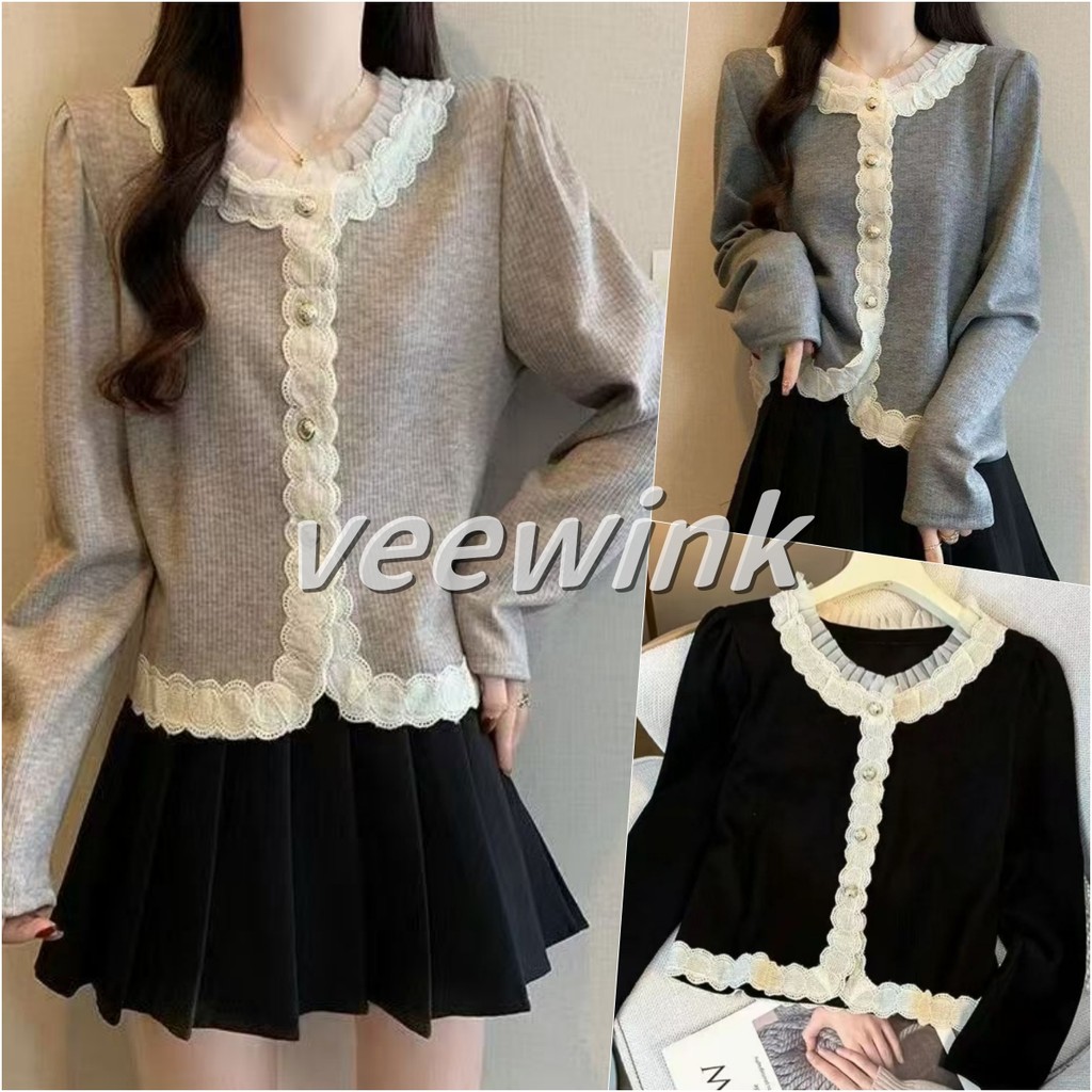 Veewink เสื้อสเวตเตอร์แขนยาวลูกไม้ สไตล์ชาแนล เนื้อบาง ใส่กระชับตัว สำหรับสาวอวบ