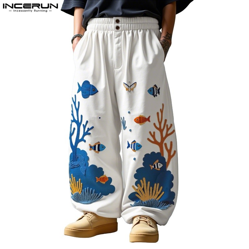 กางเกงขากว้างสไตล์วินเทจสำหรับผู้ชาย กางเกงเอวยางยืดพร้อมลายพิมพ์และกระเป๋า