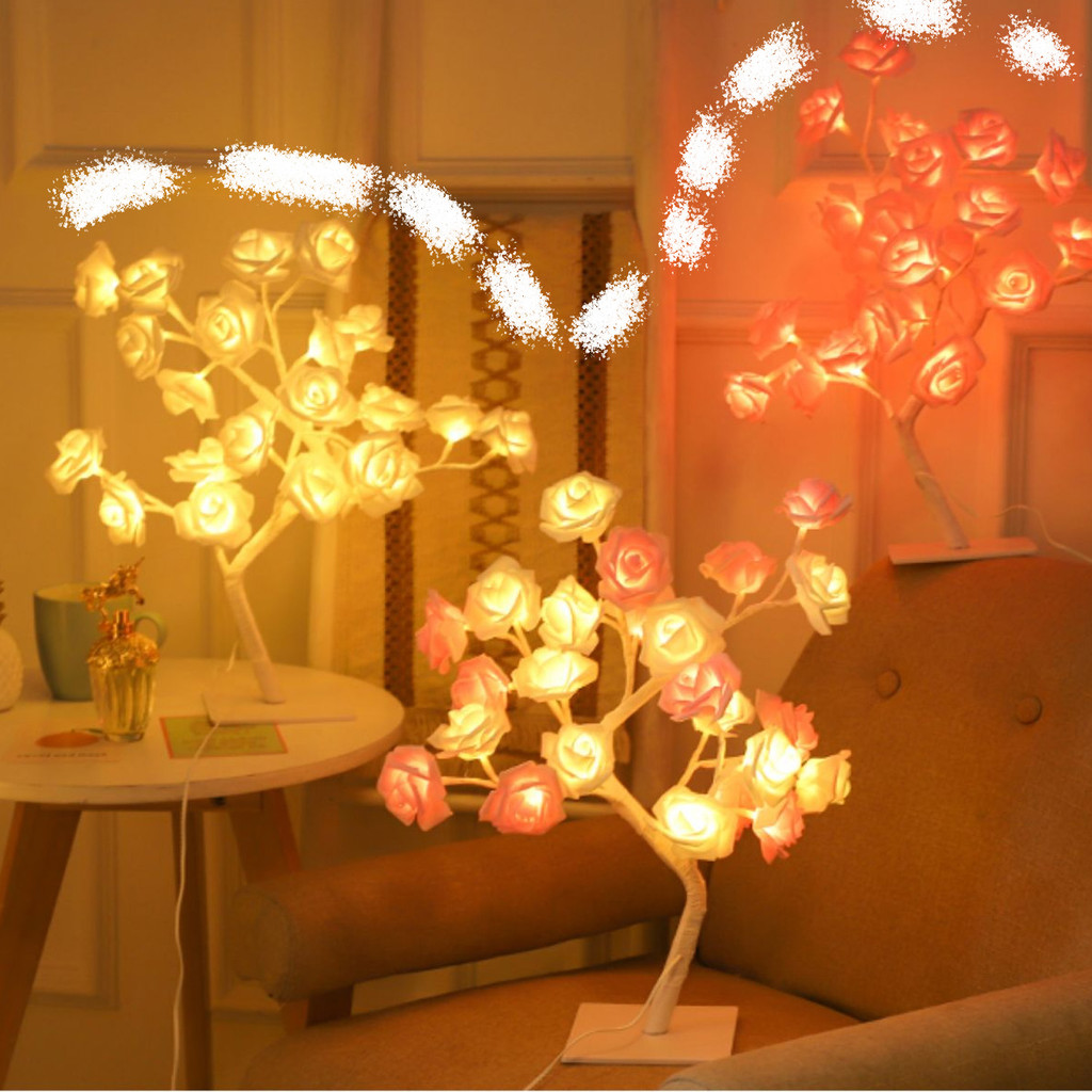 ไฟกลางคืนดอกไม้ USB Rose Tree - LED Rose Home Decor Lamp - แสงบรรยากาศห้องนอนสําหรับงานปาร์ตี้คริสต์