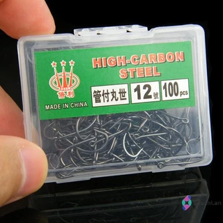 Maruse Hooks ขนาด 100 ชิ้น ในกล่อง ทำจากเหล็กคาร์บอนสูงสีดำ สำหรับใช้อุปกรณ์ตกปลาระดับมืออาชีพ