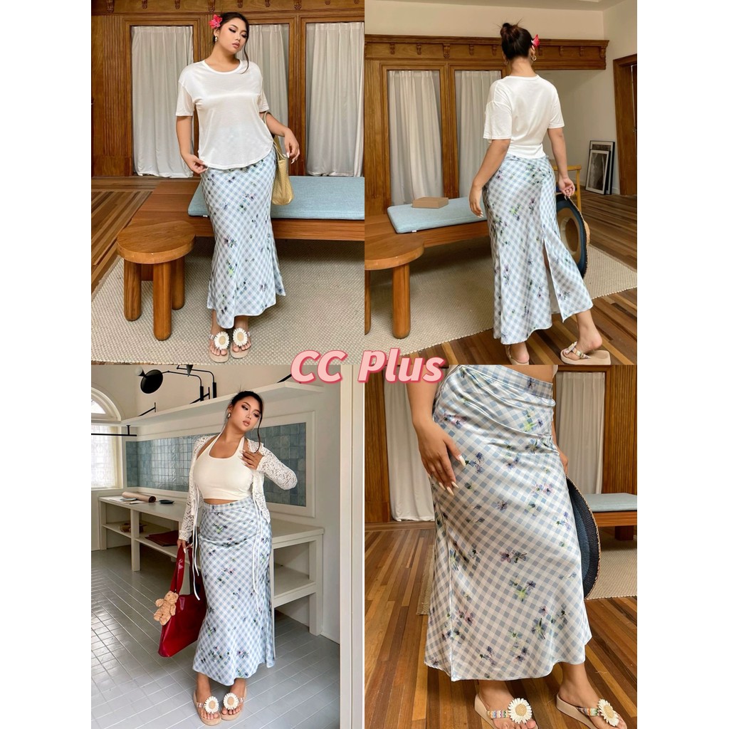 CiCi Plus+ (2562) กระโปรงยาวหางปลาผ้าซาติน พิมพ์ลายตารางดอกไม้ มีซิปข้าง มีซับใน(ซับในครึ่งตัว) ผ่าหลัง สไตล์สาวพลัสไซส์