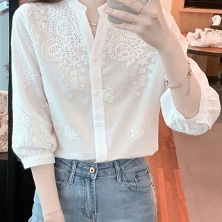 เสื้อเชิ้ตสีทึบผู้หญิง แขนสามส่วน ลายปัก Hollow ทำจากผ้าฝ้ายแท้ สไตล์ย้อนยุค