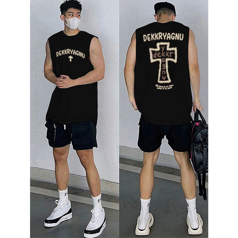 เสื้อยืดแขนกุดผ้าฝ้ายแท้ ทรงโอเวอร์ไซส์ สไตล์เรโทรสำหรับกีฬาและฟิตเนส